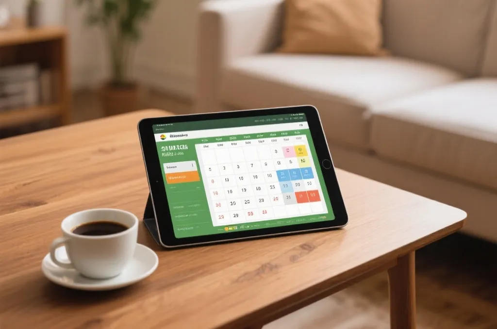 A sports enthusiast viewing a football schedule on a tablet next to a cup of coffee