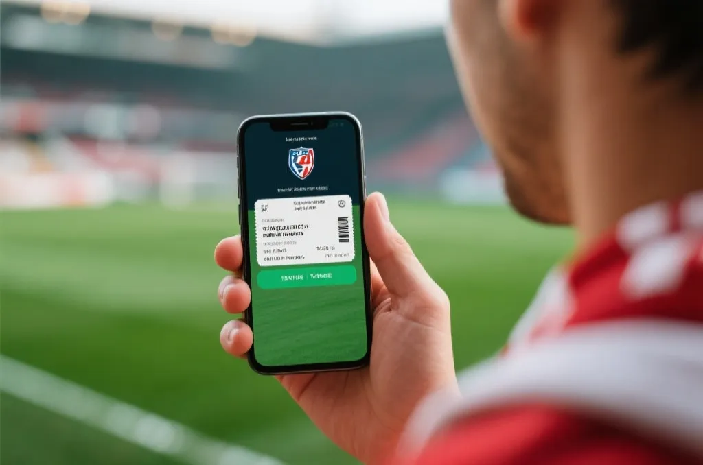 Close up of a fan holding a smartphone displaying a secure mobile match ticket with a green soccer field blurred in the background, editorial
